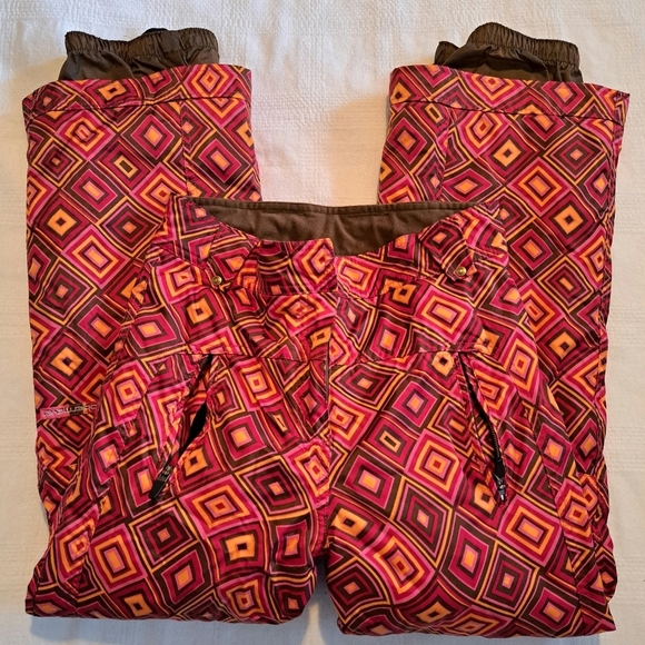 Obermeyer girls size 12 snow pants, diamond pattern orange, red & brown - Picture 3 of 11